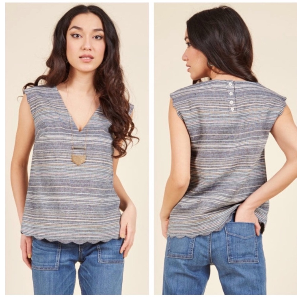ModCloth Women’s Blue Santa Monica Moxie Linen Blend V-Neck Sleeveless Top S